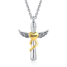 OutstandLong Cross Cremation Jewelry for Ashes Gold Plated Sister Urn Necklace Memorial Ash Pendant Keepsake Jewelry Women