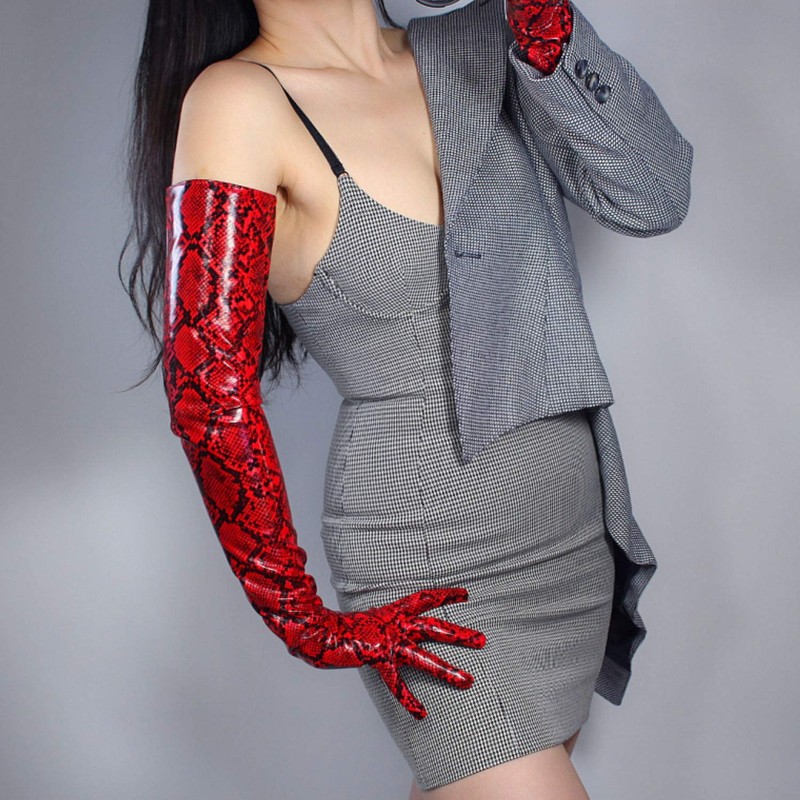 DooWay Super Long Leather Gloves Animal Print Python Snakeskin PU
