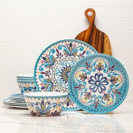Bzyoo 12-Piece Melamine Dinnerware Set - Madallion | Lightweight, Durable, BPA-Free | Dishwasher Safe Dish Set for Indoor & Outdoor Use - Perfect for Camping, BBQs, Kids Parties