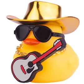 CoFuBcad Car Yellow Rubber Duck, Duck Dashboard Decoration with Cowboy Hat Necklace Sunglasses Mini Musical Instrument for Car Dashboard Decorations (ROSEO-Hat)