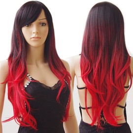 S-noilite Long Ombre Cosplay Hair Wig Women Wavy Synthetic Costume Wig 28" Black to Red