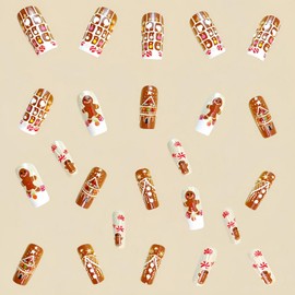24 Pcs Christmas Press on Nails Short Square Fake Nails Xmas Gingerbread Man Candy Snowflake Embossed Design Winter False Nails Full Cover Acrylic Nails Christmas Stick on Nails for Women DIY Nail Art