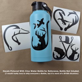 Land Air Sea Hunting Decal 4 Pack: Hook Antler Duck, Fishing Hook Deer Ducks, Antler Hook Heart with Waterfowl, Fishing Hunting Decals (Large ~5", Black)