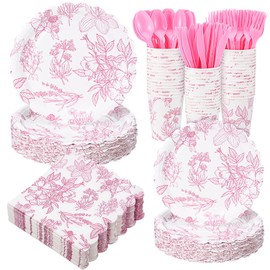 Havawish 400 Pcs Pink Floral Party Plates Disposable Tableware Set for 50 Guest Spring Flower Paper Plates Tea Party Scalloped Plates Napkins Cups for Wedding Party Baby Bridal Shower