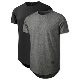 Comdecevis 2 Pack Cotton Crewneck T-Shirt Hipster Hip Hop Longline Gym Workout T Shirts for Men, M, Black/Grey