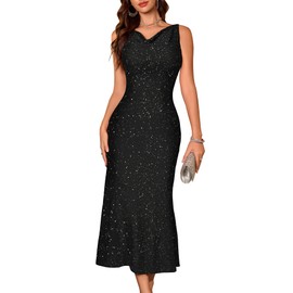 BeryLove Cocktail Formal Wedding Guest Sequin Homecoming Gown Prom Midi Evening Party Bodycon Sparkle Dresses Ruched Cowl Neck Sleeveless Long Dress 0035 Black L