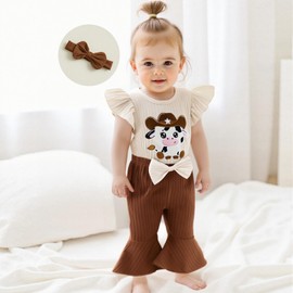 LIOMENGZI Toddler Baby Girl Flare Pant Outfits Summer Short Sleeve Romper Bell-Bottom Pant Clothes Set 3 6 12 18 Months (Khaki animal, 0-3 Months)