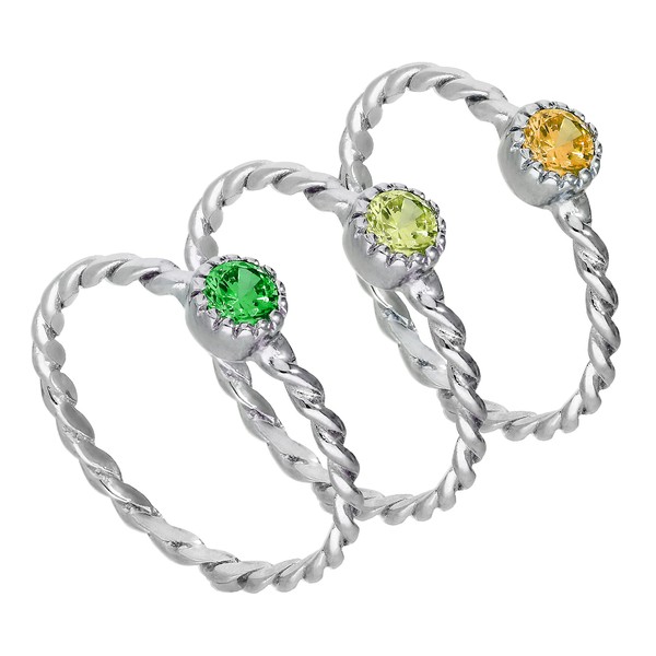 Sterling Silver Green Twisted CZ Stacking Rings Set - Size