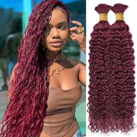 Human Braiding Hair for Boho Braids 100g 18 Inch Burgundy Curly Boho Hair for Braiding Knotless 12A Deep Wave Bulk Bohemian 2 Bundles/Pack Color 99J