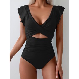 B2prity Women's One Piece Swimsuit Ruffle Cutout Bathing Suits Slimming Tummy Control V Neck Wrap Swimwear