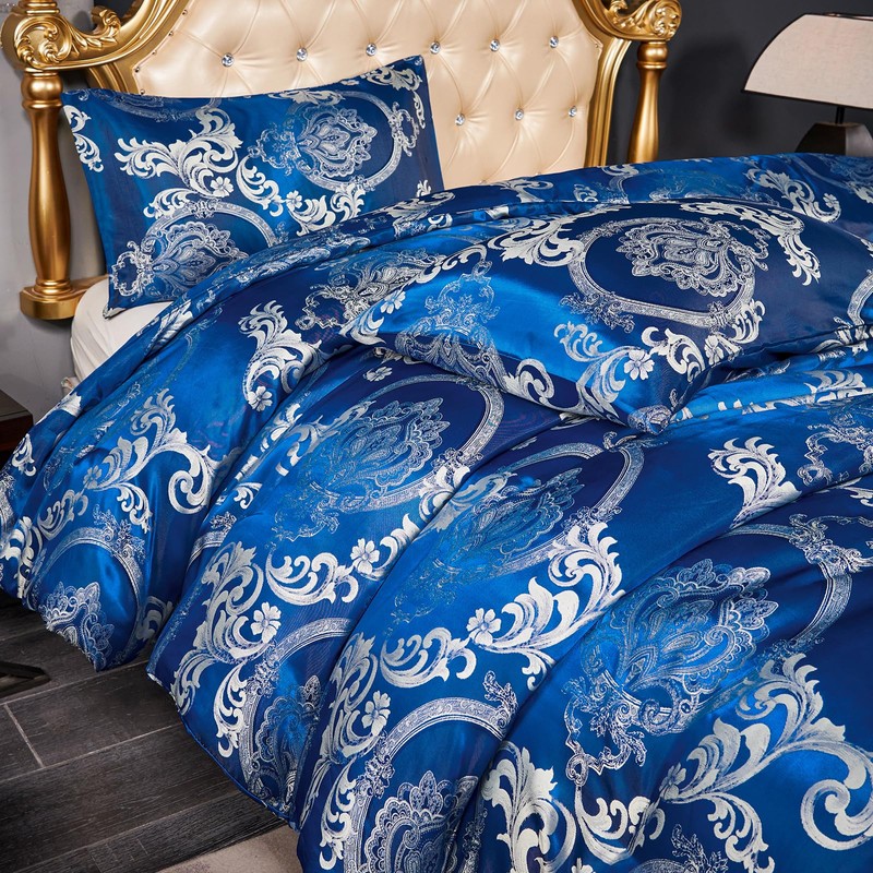 Herside Dark Blue Jacquard Duvet Cover Set Double Bedding Set