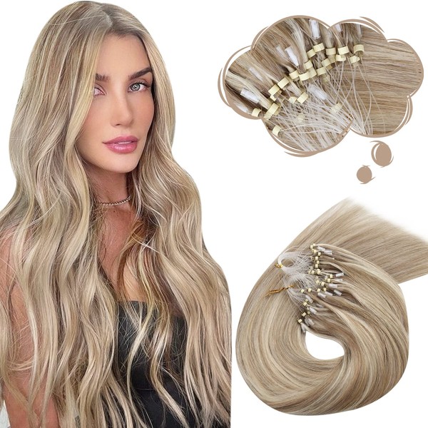 Moresoo Micro Ring Real Hair Extensions 1 g Cold Fusion Micro Ring Extensions Blonde Strands 20 Inches / 50 cm Remy Hair Extensions Real Hair Micro Rings Thick Hair #9A/60 Light Brown with Platinum Blonde 50 g