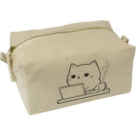 'Exhausted Cat Working with Coffee' Canvas Wash Bag/Makeup Case (CS00043309)
