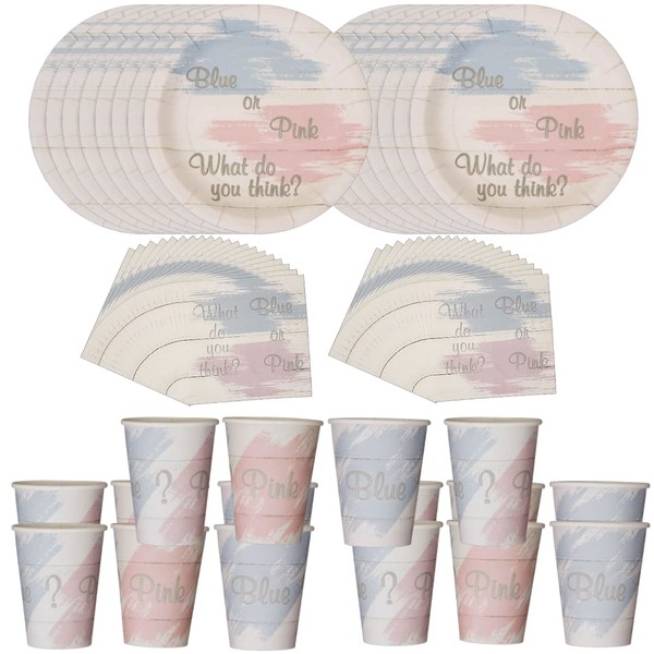 Blue or Pink? Painted Shiplap Gender Reveal Party Tableware Supplies for 16 - Disposable Plates, Napkins, and Cups