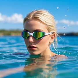 Vanolu Anti-Fog Swim Goggles for Adults, UV Protection Mirrored Lenses, Dual Strap Adjustable, Leak-Proof Swimming Glasses (White Gold)