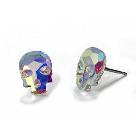 8x10mm Tiny Rainbow Skull Crystal Stud Earrings - 3D Skeleton Jewelry - Titanium or Surgical Stainless Steel Posts