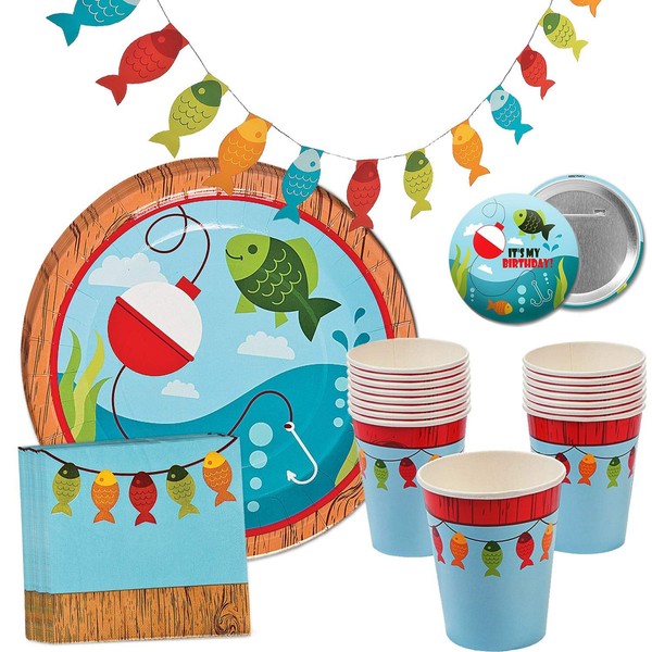 Fisherman Fishing Party Supplies Little Fisherman Gone Fishing Table Party Pack Bundle for 16 Includes Dinner Plates, Cups, Napkins and Banner