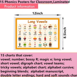 15 Phonics Posters for Classroom,Laminating-A4, Digraphs Blends Syllable Types,Vowel Valley Sounds,Alphabet Bulletin Board Reading Posters for Kindergarten,Elementary,Homeschool Supplies,ESL
