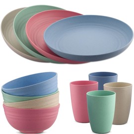 HOMGEN Camping Plates and Bowls Set Plastic Dinner Set 12Pcs Unbreakable Picnic Plates and Cups Set Light-Weight Kids Dinning Set Dishwasher Safe Camping Crockery Set for Home & Picnic etc