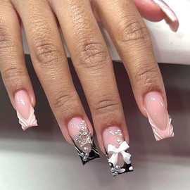 LISMYAKEY Nail Tips, Set of 24, Handmade Nails, Short, Autumn and Winter, Very Short, Popular, False Nails, Cute, Fake Nails, 3D Nails, Round Tip, Fashion, Weddings, Bride Nails (Pink Pearl Bow Neck)