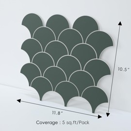 6-Sheet Olive Green Fish Scale Peel and Stick Backsplash Tile, Faux Ceramic Matte Self Adhesive Stick on Wall Tiles for Kitchen and Bathroom (11.8" x 10.5")
