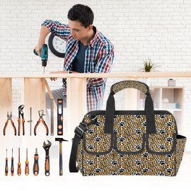 Leopard Paw Prints Wide Mouth Tool Bags for Men and Women Animal 14 Pockets Tool Tote Bag Pouch Heavy Duty Waterproof Tool Organizer Bag with Adjustable Strape
