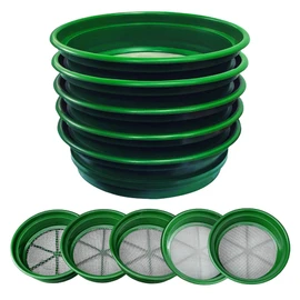 SE 13.25 Inch Wide Stackable Classifier Gold Prospecting Pan Set - Includes 1/2" 1/4" 1/8" 1/12" and 1/20" Stainless Steel Mesh Sifting Pans, Green, 5 Pack