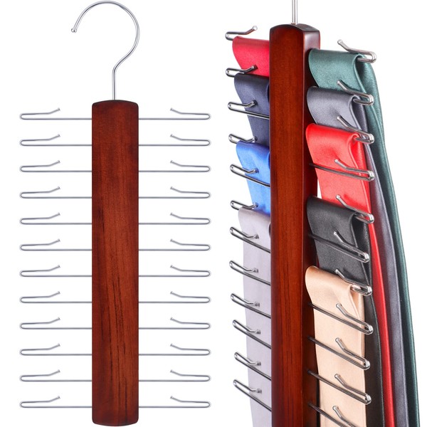 Sawysine 2 Pack Tie Racks for Men Closet Wooden Tie and Belt Hangers with 24 Hooks 360 Degree Swivel Tie Organizer Necktie Belts Scarf Accessories(Brown)