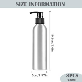 3Pcs Silver Aluminum Lotion Pump Bottles with Black PP Pump Head Empty Cosmetic Contaniner Storage Jar Makeup Dispenser for Emulsion Lotion Shampoo Bath Shower (250ml/8.5oz)
