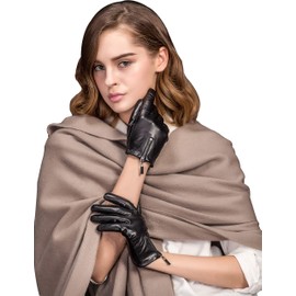 YISEVEN Women's Winter Driving Touchscreen Sheepskin Leather Gloves Zipper Short Cuffs Warm Fleece Fur Lined Genuine Lambskin Stylish Dress for Cold Weather Motorcycle Work Gifts, Black 8.0"/XL