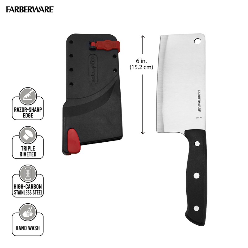 Farberware Edgekeeper Self-Sharpening Triple Riveted Cleaver Knife, 6-Inch, Black
