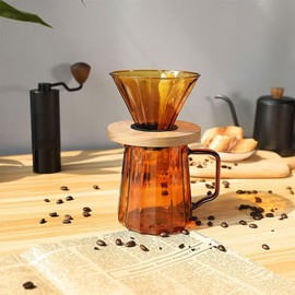NUBAGO コーヒードリッパー セット コーヒードリップ器具 アウトドア コーヒーセット コーヒーサーバー セット ドリッパー 耐熱ガラス おしゃれ 割れない 保温 木製ホルダー ハンドドリップ ハンドドリップセット コーヒーポット ガラス コースター付き ２～４人分 550ml オレンジ