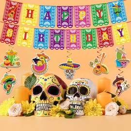 Mexican Fiesta Birthday Party Decorations, Colorful Happy Birthday Banner and Hanging Swirls Set Mexican Fiesta Party Decorations for Cinco De Mayo Decor