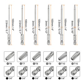 HARFINGTON 12pcs T6-T40 Security Torx Bit 1/4" Hex Shank 4" Long S2 Steel Magnetic Tamper Resistant Star Bits Screwdriver Torx Head with Hole for Driver Drill Bits Remove Fastening Screws