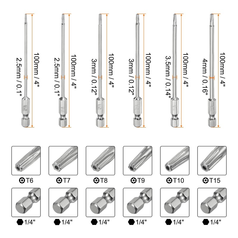 HARFINGTON 12pcs T6-T40 Security Torx Bit 1/4" Hex Shank 4"