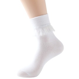 SRYL Women Ankle Socks Lace Turn-Cuff, Cute Ruffle Frilly Comfortable Cotton Socks Ladies Girl Princess,YYS09 (White-1 pairs)