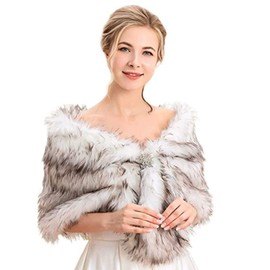 Aukmla Women's Brown Faux Fur Shawl Wedding Fur Wraps and Shawls Bridal Fur Stoles Scarf with Rhinestones Brooch for Bride and Bridesmaids (White+Brown, US 4-14 (S-M))