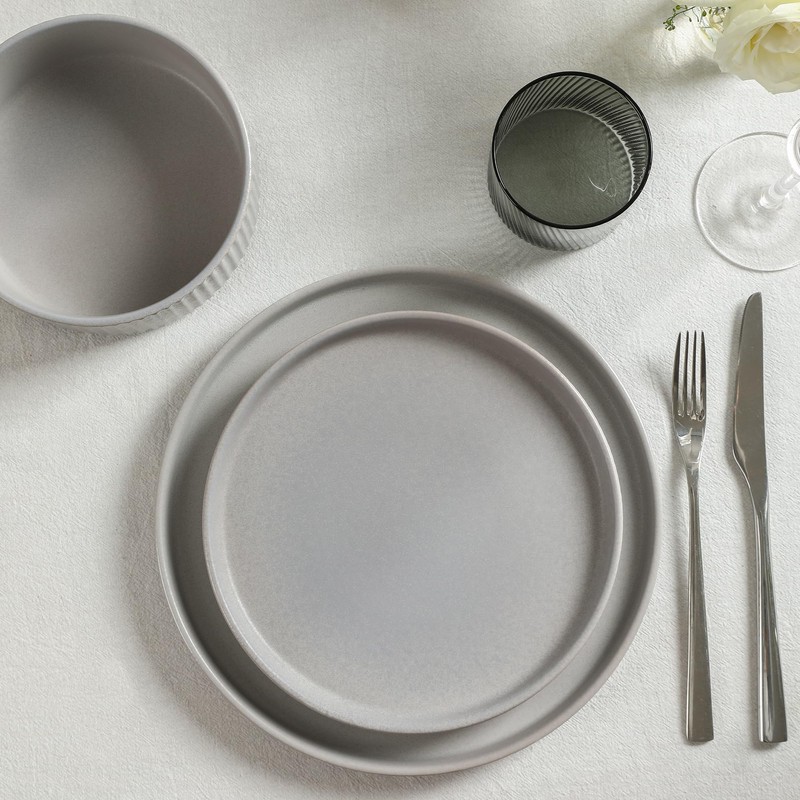 Stone Lain Haven Stoneware 12-Piece Dinnerware Set, Grey - Plates