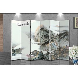 Back to 20s Oriental Style Foldable Panel Shoji Screen Room Divider, Chinese Painting: Mountain and River (6-P Mountain in Cloud)