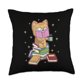 Reader Meowing Books Domestic Cute White Tea Drink Reading Cat Funny Book Lover Animals Kitten Smart Listen Fan Throw Pillow, 18x18, Multicolor