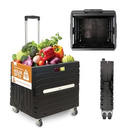 Inspired Living Collapsible Folding Utility Cart, Heavy-Duty Rolling Crate with 360° Wheels, Telescoping Handle, Hidden Lid, Holds 200 Lbs, Black