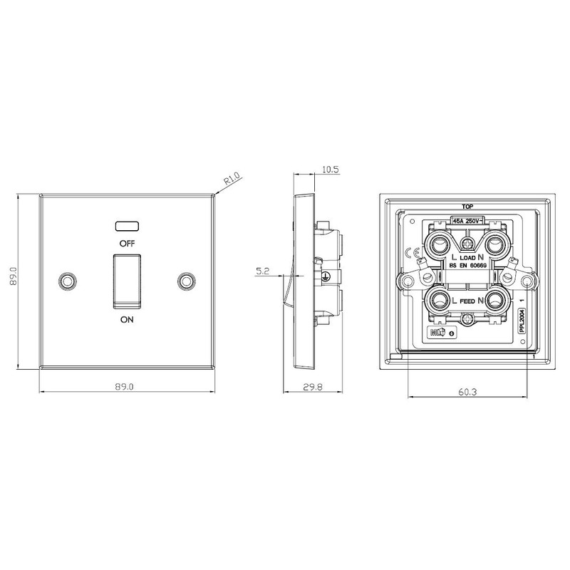 Knightsbridge 45A DP Switch with Neon (single size) - Square