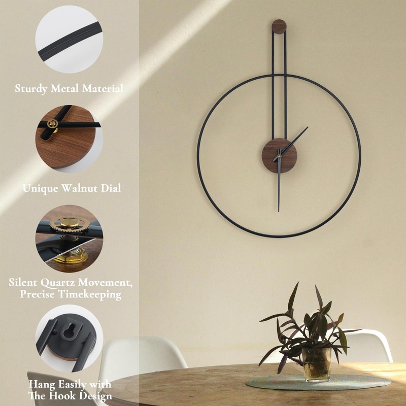 DRELIFAM Modern Wall Clock Large Wall Clocks with Walnut Dial