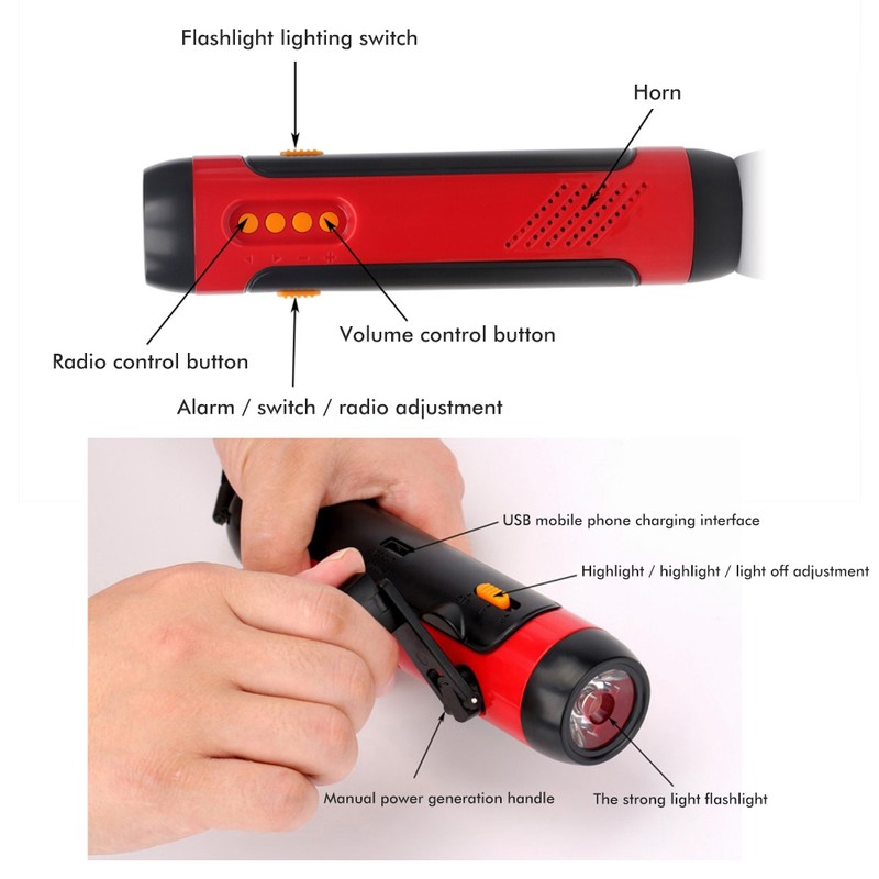 Portable Hand Crank Flashlight with Alarm FM Radio Function 1800mAh