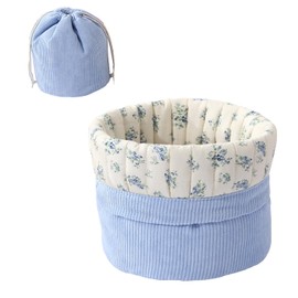 Lyssiatina Aesthetic Quilted Cotton Drawstring Makeup Bag with Corduroy Lining，Coquette Portable Travel Cosmetic,Toiletry Organizer Pouch for Women Girls（Blue Gourd）