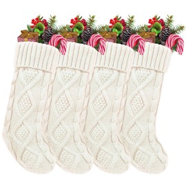 Auoinge Christmas Stockings Cable Knit Christmas Stocking, 4 Pack 18 Inches Large Classic Fireplace Hanging Xmas Stocking, Christmas Decoration for Family Holiday Party Season Decor Cream