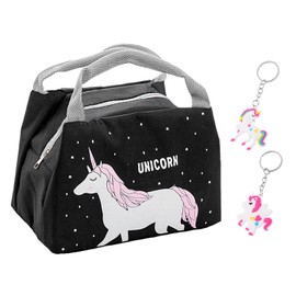 CHSZSH 1 Pcs Unicorn Bag, 2 Pcs Unicorn Pendants, Girls School Lunch Bag, Picnic Bag, Kids Lunch Bag, Thermal Bag, black