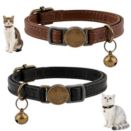 2 Pcs Retro Leather Cat Collar for Boy Cats, Adjustable Breakaway Cat Collar with Bell, Soft PU Leather Collars for Kittens Small Pets (Black & Brown)