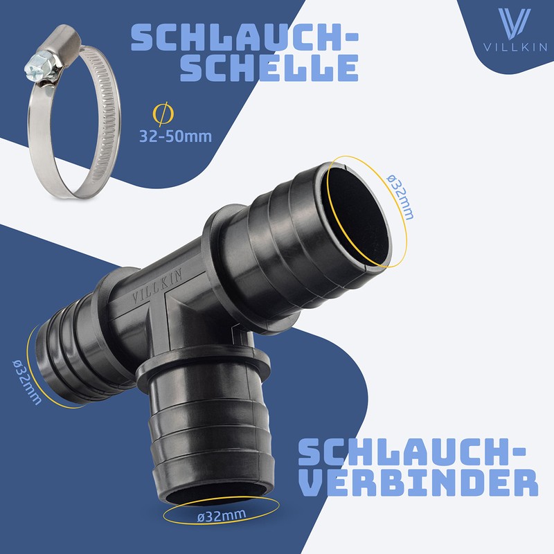 Villkin T-Hose Connector with 3 x Hose Clamps for the