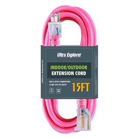 Ultra Explorer 15 FT Outdoor Extension Cord with Lighted End - 12/3 Gauge Heavy Duty Extension Cord, 3 Prong Grounded Power Extension Cord, Pink, 15 AMP, SJTW